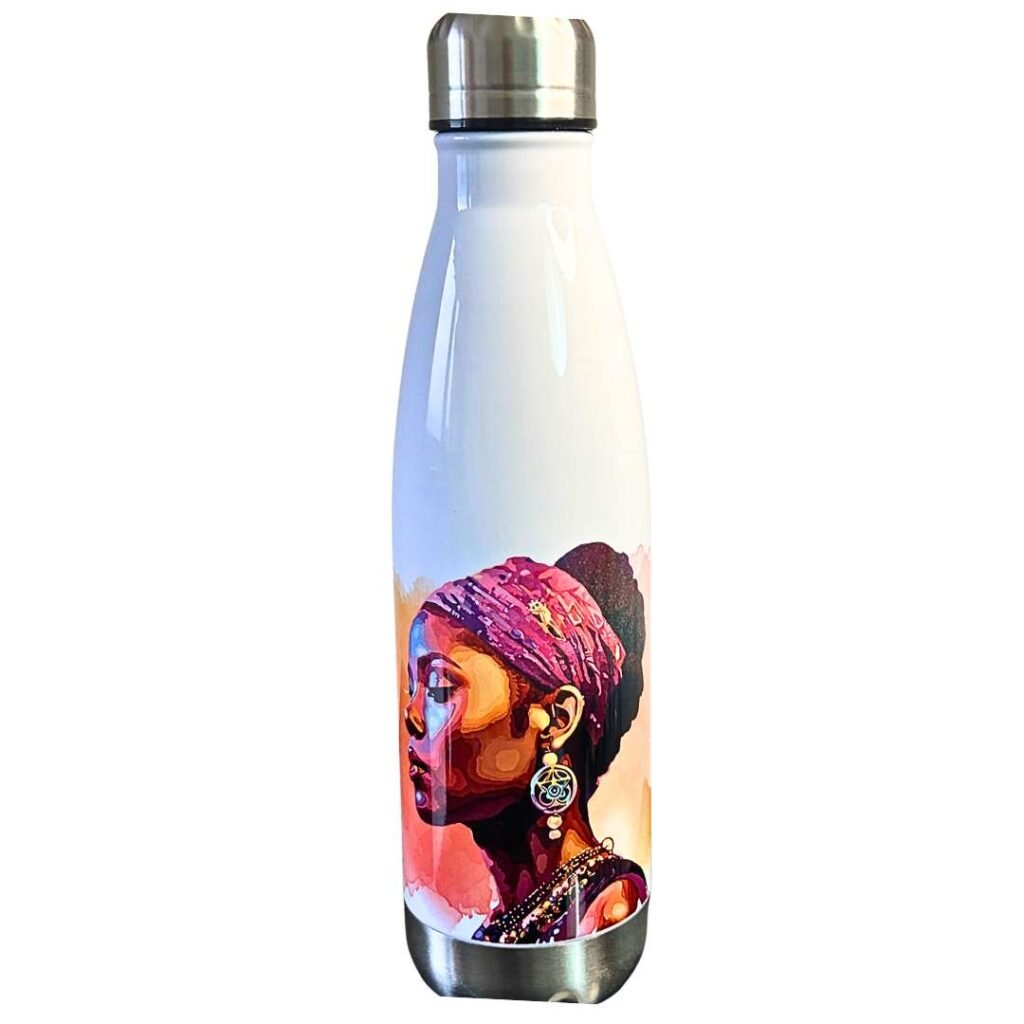 Gourde isotherme personnalisée par sublimation, portrait coloré d’une femme au turban