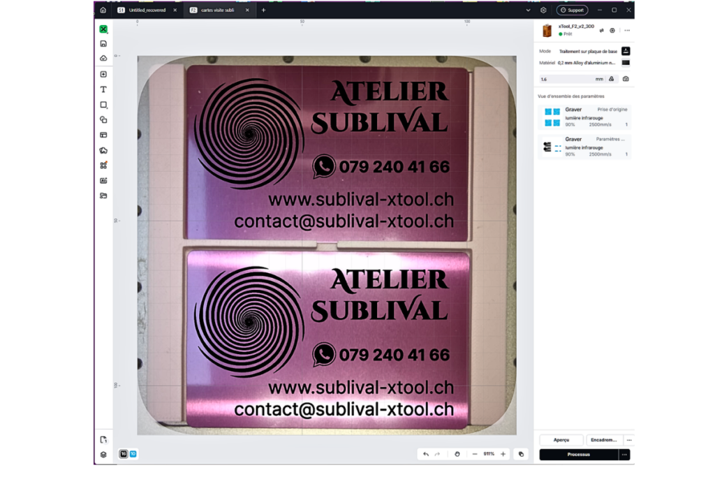Interface du logiciel xTool Studio : gravure de cartes de visite Atelier Sublival sur aluminium anodisé avec la F2