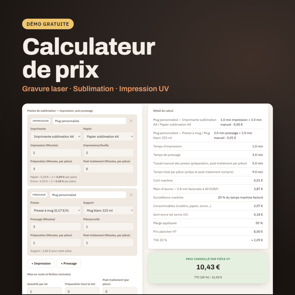 Calculateur de prix gravure laser, sublimation et impression UV, avec le détail du calcul pièce par pièce